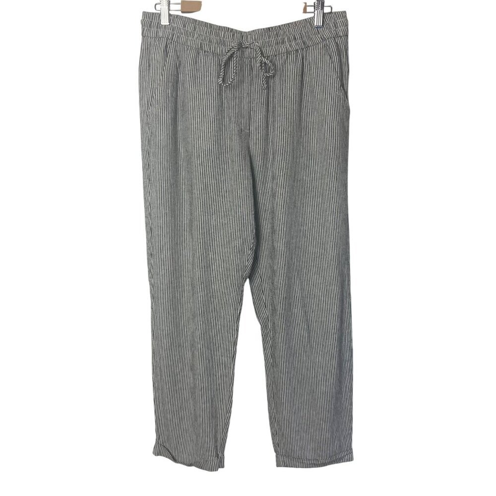 J Crew Linen Blend Cropped Pant Womens 10 Black White Ticking Stripe Coastal